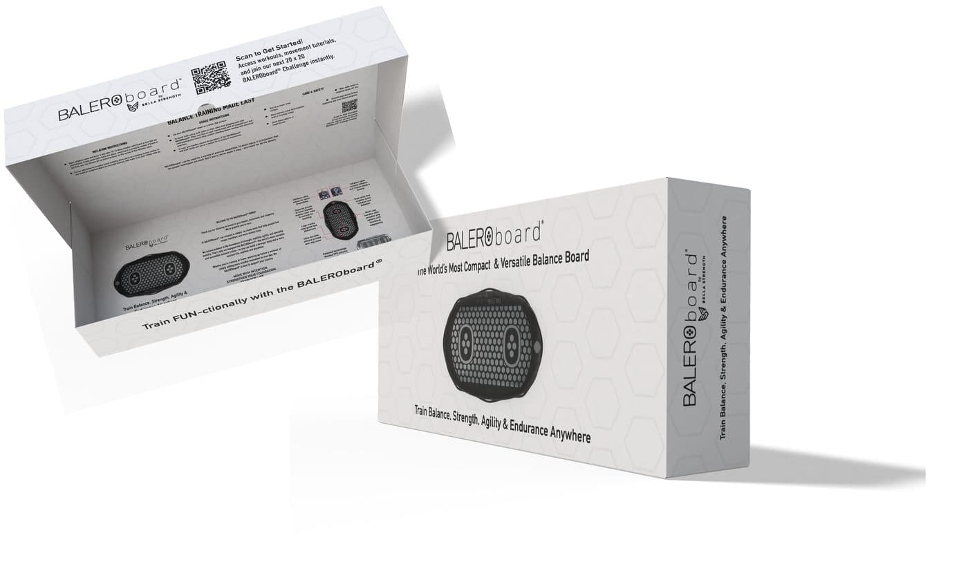 The BALEROboard retail box, open, with the board and pump inside